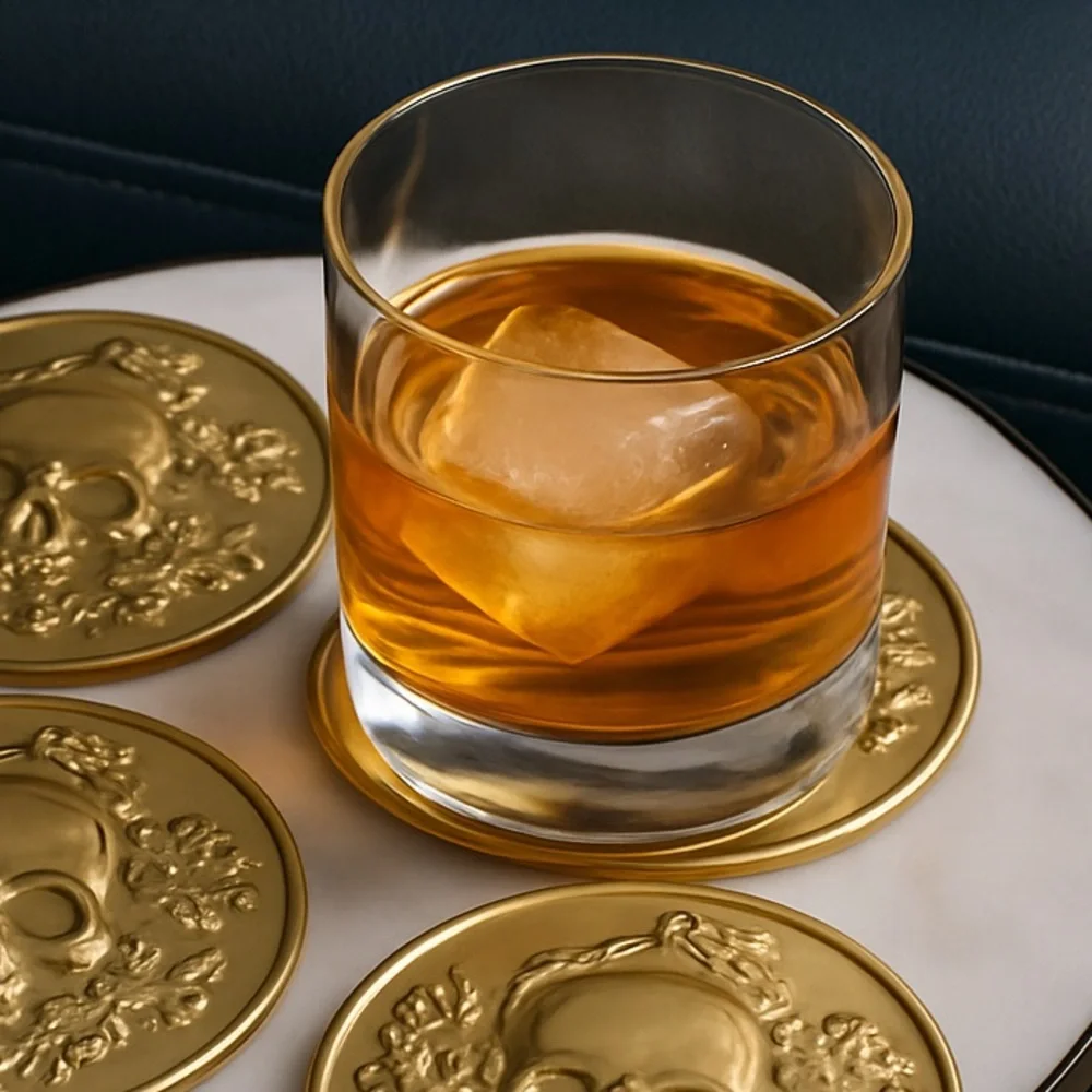 Threshold Metal Antique Gold Skull Embossed Coasters Set Halloween Man Cave